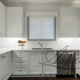Custom Flat Roman Shade, White Linen With Silver Border - thumbnail 2