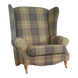 Queen Anne Wingback Fireside Chair Extra Wide Tartan Fabric - thumbnail 4