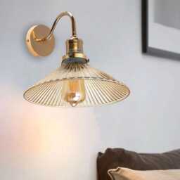 Industrial Retro Wall Light - Ribbed Glass Sconce Adjustable Arm Vintage Lamp E27 Brass For Bedroom Hallway - thumbnail 4