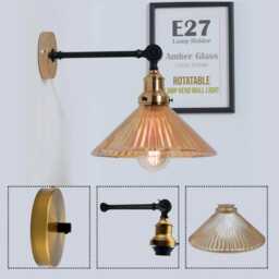 Industrial Retro Wall Light - Ribbed Glass Sconce Adjustable Arm Vintage Lamp E27 Brass For Bedroom Hallway - thumbnail 2