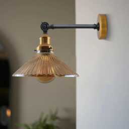 Industrial Retro Wall Light - Ribbed Glass Sconce Adjustable Arm Vintage Lamp E27 Brass For Bedroom Hallway
