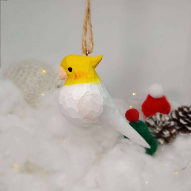 Cockatiel Hanging Christmas Ornaments Wooden Hand Carved Painted Bird - image 1