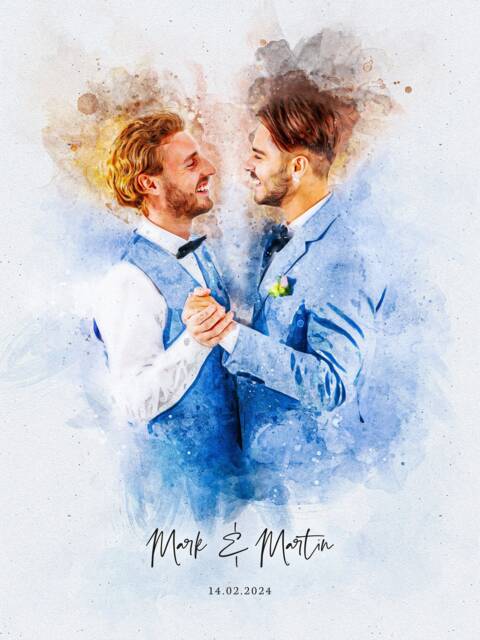 Personalised Gay Couple Gift, Custom Watercolor Painting, 1st Anniversary Unique Boyfriend Partner Gift For Him, Husband - image 1