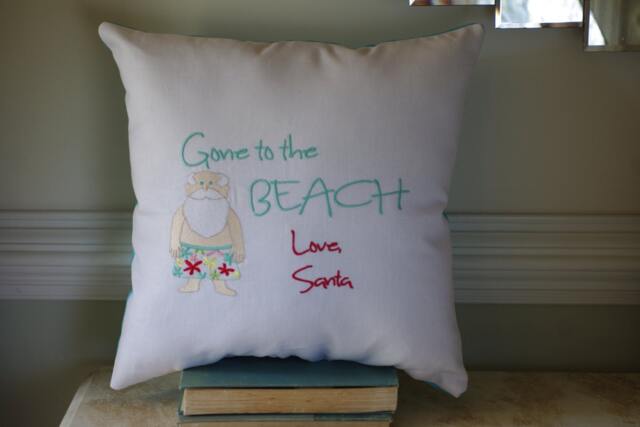 Embroidered Santa Pillow - Gone To The Beach Love Coastal Christmas - image 1