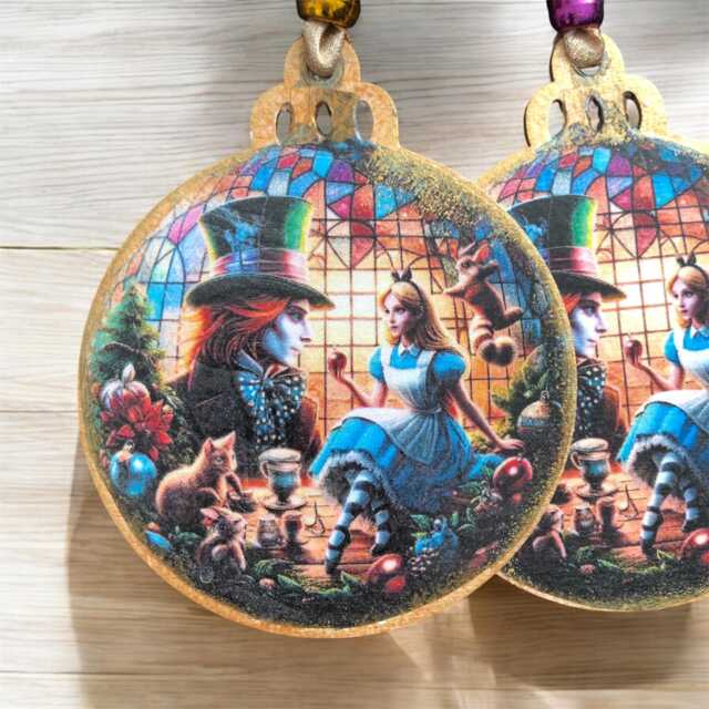 Mad Hatter & Alice Set Of 2 Wood Tree Decor. in Wonderland Gifts, Christmas Wonderland, Gifts, Stained Glass Effect - image 1