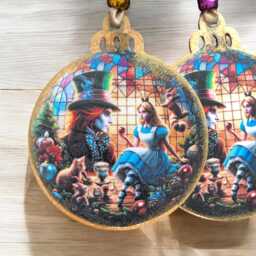 Mad Hatter & Alice Set Of 2 Wood Tree Decor. in Wonderland Gifts, Christmas Wonderland, Gifts, Stained Glass Effect - thumbnail 1