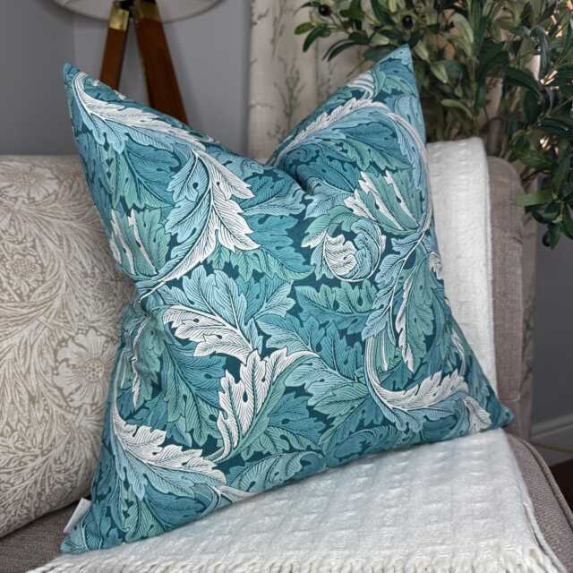 Clarke & Handmade Cushion Cover, Acanthus Leaf Teal Cushion Cover, Decorative Pillow Double Sided - image 1