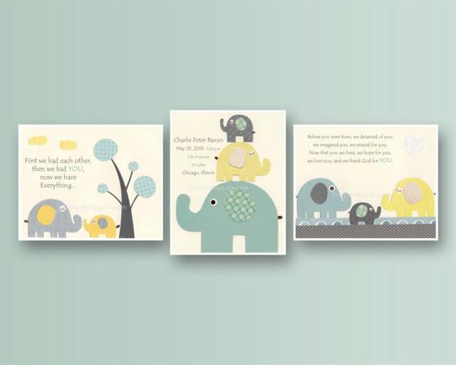 Elephant Nursery Art Prints Gender Neutral Decor, Birth Stats - Set Of 3 - image 1