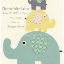 Elephant Nursery Art Prints Gender Neutral Decor, Birth Stats - Set Of 3 - thumbnail 2