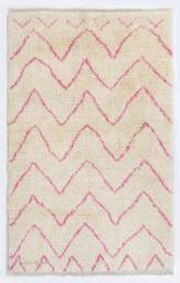 Handmade Beni Ourain Rug Beige Wool With Pink Geometric Design - thumbnail 1