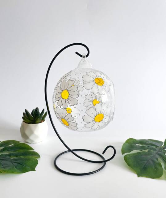 Hand Painted Daisy Glass Tealight Holder With Metal Stand - image 1
