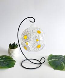 Hand Painted Daisy Glass Tealight Holder With Metal Stand - thumbnail 1