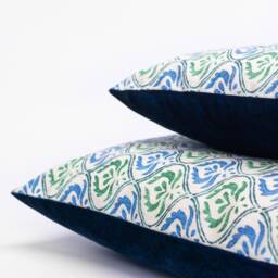 Tamil Batik Extra-Large Cushion. Jade Green & Blue Indonesian Inspired Geometric Floral Design. Eco-Friendly Cotton & Velvet, 23X23 - thumbnail 2