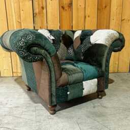 Unique British Green & Copper Velvet Fabric Patchwork Chesterfield 1 Seater Armchair - thumbnail 2