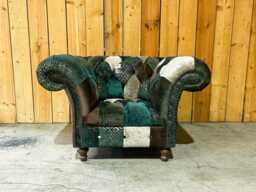 Unique British Green & Copper Velvet Fabric Patchwork Chesterfield 1 Seater Armchair - thumbnail 1
