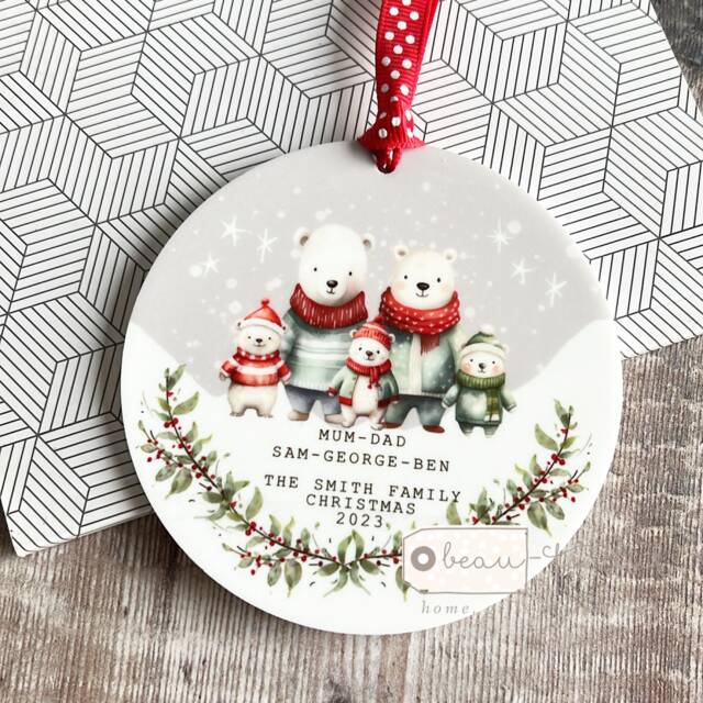 Personalised Family Christmas Woodland Polar Bear Greenery Jumpers Acrylic Or Ceramic Round Ornament Keepsake Tree Decoration Gift