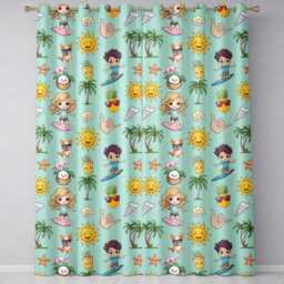 Cute Summer Beach Kids Surfing Sun Pineapple Dog Teal Seamless Pattern Readymade Eyelet Ring Top Thermal 100% Blackout Curtains - thumbnail 2