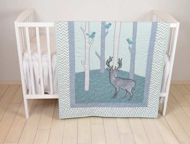 Woodland Blanket, Birch Tree Crib Quilt, Personalized Deer Bedding, Baby Mint Green & Chevron - image 1