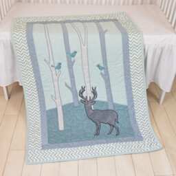 Woodland Blanket, Birch Tree Crib Quilt, Personalized Deer Bedding, Baby Mint Green & Chevron - thumbnail 2