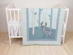 Woodland Blanket, Birch Tree Crib Quilt, Personalized Deer Bedding, Baby Mint Green & Chevron - thumbnail 1