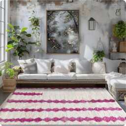 White Moroccan Rug With Pink Patterns - Custom Made Berber Carpet, Shag Area Rug, Large Floor - thumbnail 4