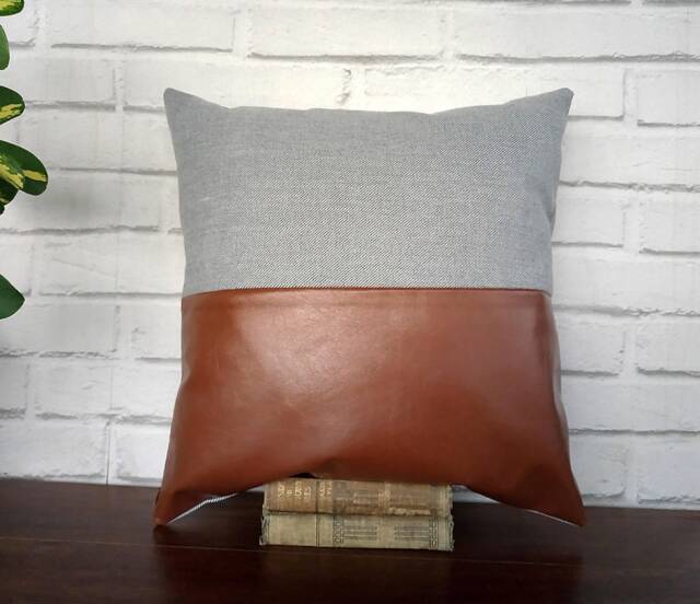 Cognac Faux Leather Pillow Cover Gray Cotton Denim, Modern Home Decor - image 1