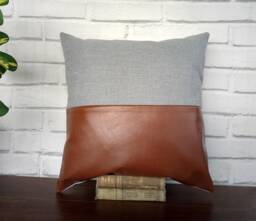 Cognac Faux Leather Pillow Cover Gray Cotton Denim, Modern Home Decor