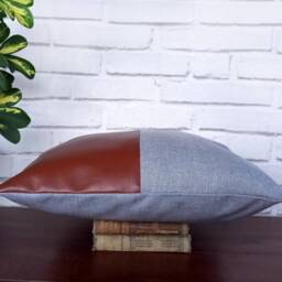 Cognac Faux Leather Pillow Cover Gray Cotton Denim, Modern Home Decor - thumbnail 3