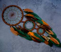 Teal Green Dream Catcher Wall Hanging. Statement Decor Large Dreamcatcher Hanging Brown Nursery Decor. Burnt Orange Home - thumbnail 1