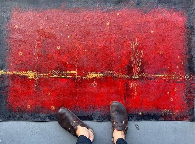 Hand Paint Red Abstract Floorcloth - image 1