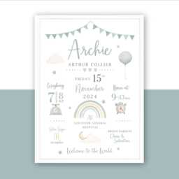 New Baby Personalised Print - Birth Details Gift Keepsake Neutral Nursery Boy Sage Green - thumbnail 2