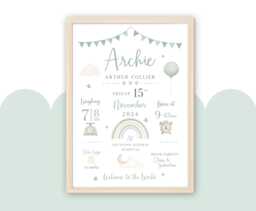 New Baby Personalised Print - Birth Details Gift Keepsake Neutral Nursery Boy Sage Green - thumbnail 1