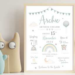 New Baby Personalised Print - Birth Details Gift Keepsake Neutral Nursery Boy Sage Green - thumbnail 3