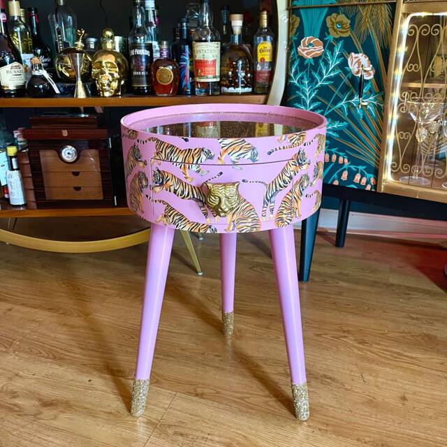 Light Pink Tiger Round Bedside Table With Glitter Top. Fun Bright Home Decor . Ideal Nightstand Or Side Table. Taller Legs - image 1