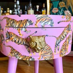 Light Pink Tiger Round Bedside Table With Glitter Top. Fun Bright Home Decor . Ideal Nightstand Or Side Table. Taller Legs - thumbnail 3