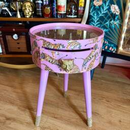 Light Pink Tiger Round Bedside Table With Glitter Top. Fun Bright Home Decor . Ideal Nightstand Or Side Table. Taller Legs - thumbnail 4