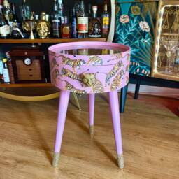 Light Pink Tiger Round Bedside Table With Glitter Top. Fun Bright Home Decor . Ideal Nightstand Or Side Table. Taller Legs - thumbnail 1