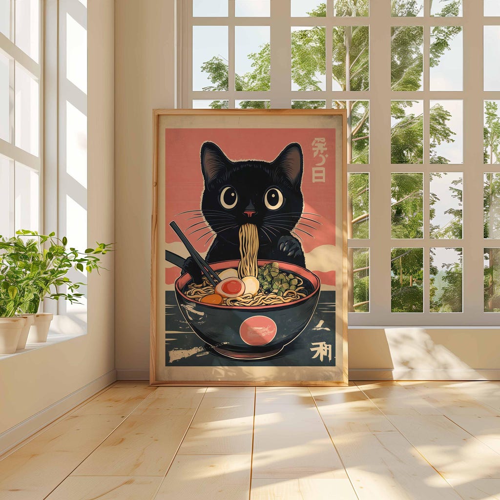 Fat Cat eats ramen noodles posters & prints by Julia Günther