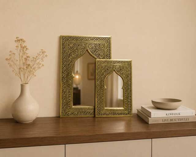 Set Of Two Small Mirrors, Handmade Brass Moroccan Mirror Set Decorative Wall Decor - image 1