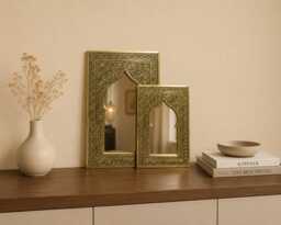 Set Of Two Small Mirrors, Handmade Brass Moroccan Mirror Set Decorative Wall Decor - thumbnail 1
