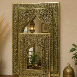 Set Of Two Small Mirrors, Handmade Brass Moroccan Mirror Set Decorative Wall Decor - thumbnail 2