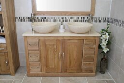Oak Bathroom Vanity Cabinet Double Twin Sink Bowl Basin & Cream Marble Unit 02Bcm25cm