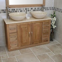 Oak Bathroom Vanity Cabinet Double Twin Sink Bowl Basin & Cream Marble Unit 02Bcm25cm - thumbnail 2