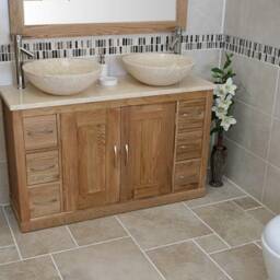 Oak Bathroom Vanity Cabinet Double Twin Sink Bowl Basin & Cream Marble Unit 02Bcm25cm - thumbnail 3