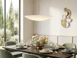 Mid-Century Modern Brass Pendant Light - Frosted Glass Bowl Chandelier, Minimalist Ceiling Fixture - thumbnail 1