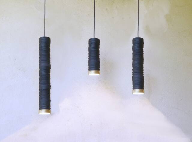 Handmade Ceramic Cylinder Pendant Light Black & Gold Carved Texture - image 1