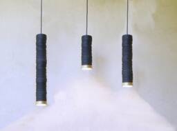 Handmade Ceramic Cylinder Pendant Light Black & Gold Carved Texture