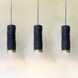 Handmade Ceramic Cylinder Pendant Light Black & Gold Carved Texture - thumbnail 3