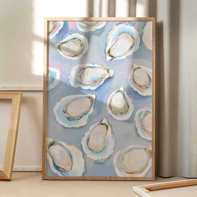 Oyster Shell Seaside Art Canvas Poster, Kitchen Wall Art, Bright Aesthetic Decor, Retro Home Printed Gift - image 1