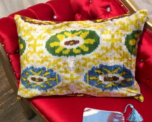 Handwoven Ikat Velvet Pillow Cover Gold Brown Silk Floral Cushion - image 1